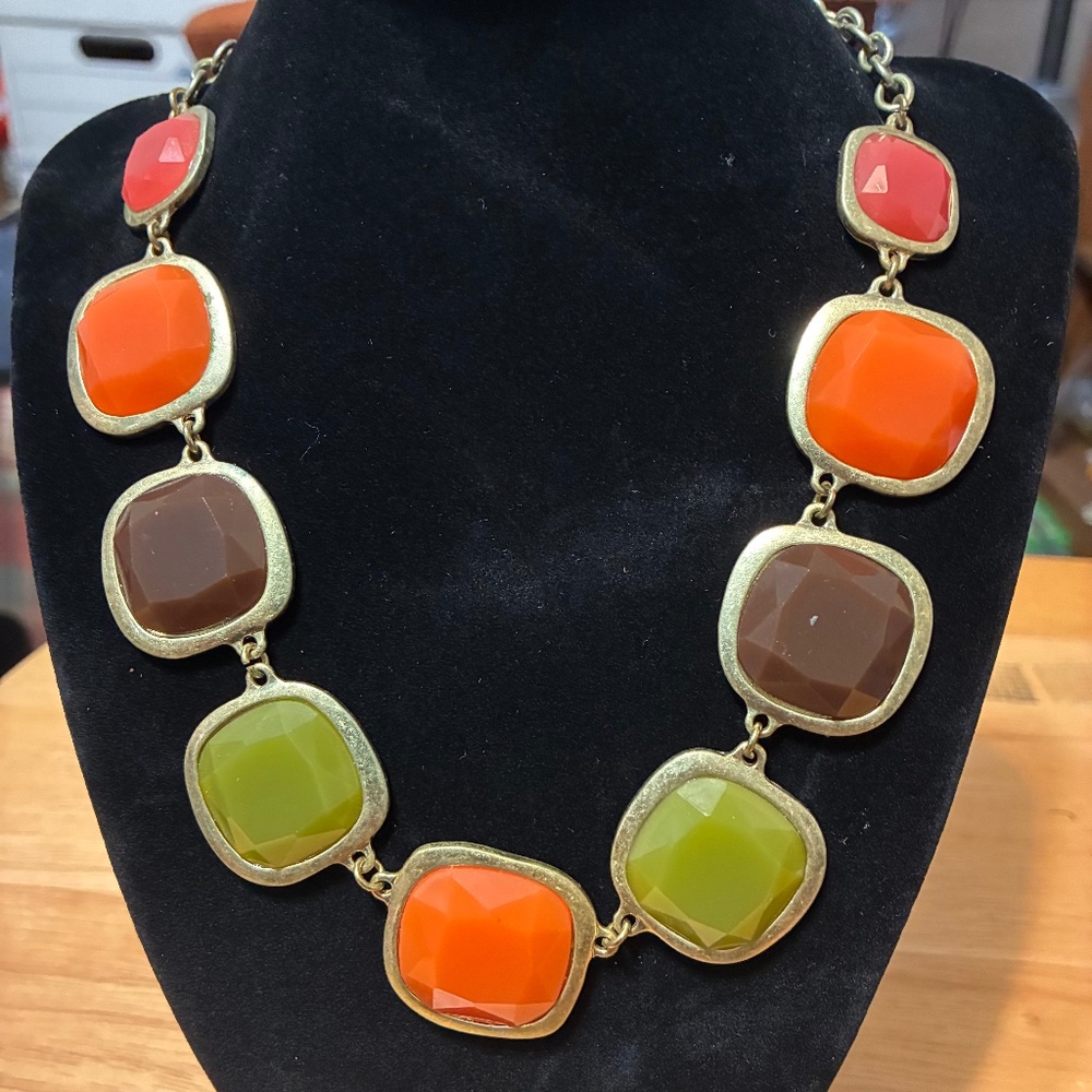 Vintage Large orange, brown, green stones necklace  metal trim  8 inch necklace
